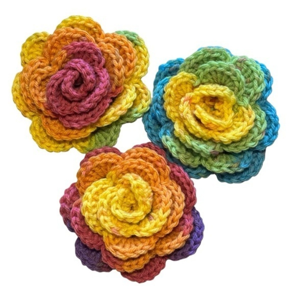 Three Crochet Rose Flower Rosettes for‎ Crafting Handcrafted Handmade by Seller